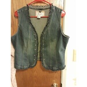 Live A Little LAL Denim Open Vest Womens Size L Blue Ruffle Trim VTG Y2K